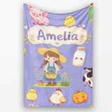 Cute Farm Girl Pig Cow Chicken Corn Milk Purple Background Seamless  Personalised Custom Name Super Soft Fleece Blanket Bed Sofa Throw