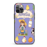 Cute Farm Girl Pig Cow Chicken Corn Milk Purple Custom Name Protective Phone Case Mobile Cover Durable Everyday Smartphone Shock Resistant
