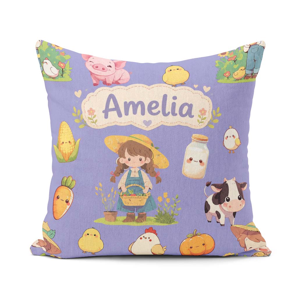 Custom Name Farm Girl Pig Cow Chicken Corn Milk Purple Seamless Square Filled Cushion Throw Pillow Sofa Bed Home Decor Zip Washable UK Made