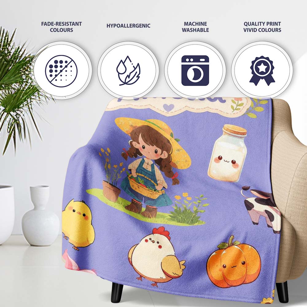 Cute Farm Girl Pig Cow Chicken Corn Milk Purple Background Seamless  Personalised Custom Name Super Soft Fleece Blanket Bed Sofa Throw