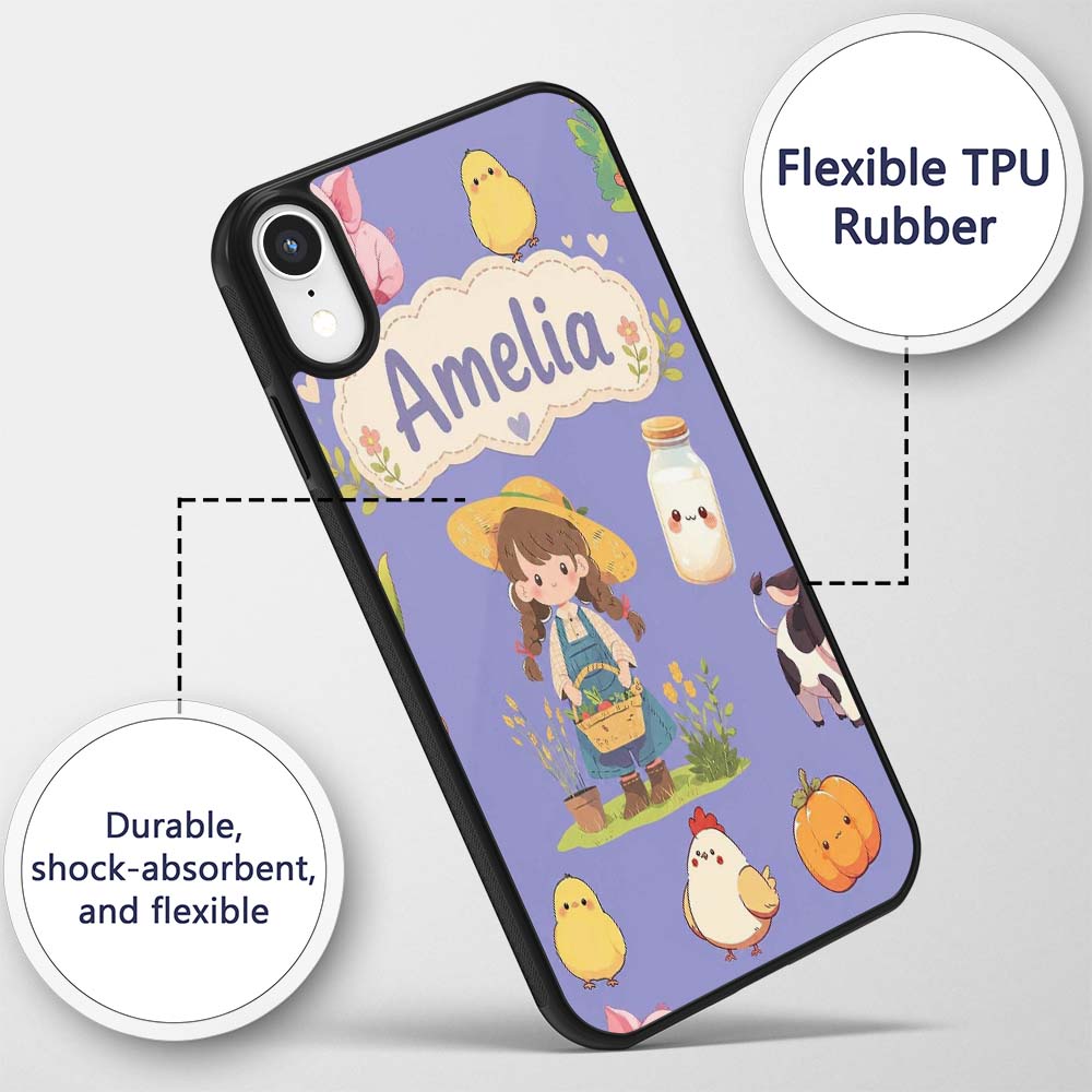 Cute Farm Girl Pig Cow Chicken Corn Milk Purple Custom Name Protective Phone Case Mobile Cover Durable Everyday Smartphone Shock Resistant