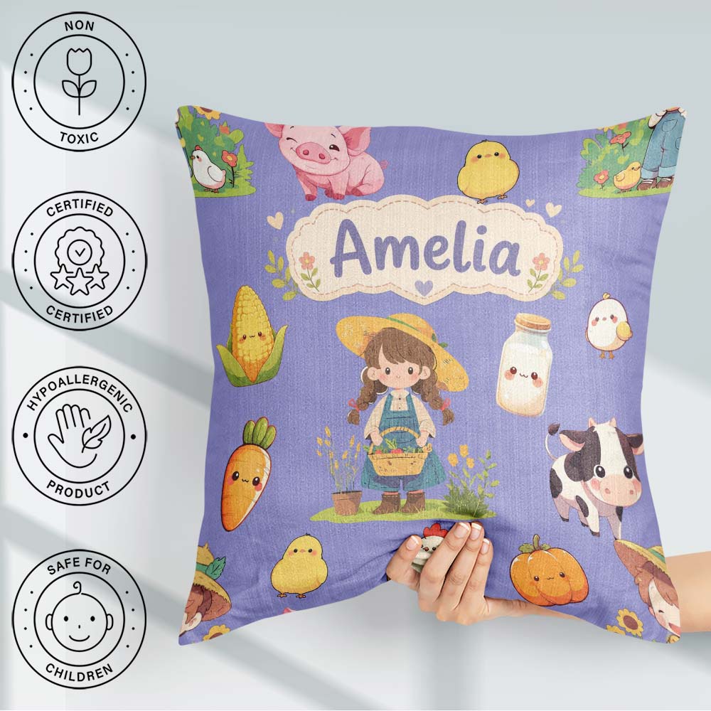 Custom Name Farm Girl Pig Cow Chicken Corn Milk Purple Seamless Square Filled Cushion Throw Pillow Sofa Bed Home Decor Zip Washable UK Made