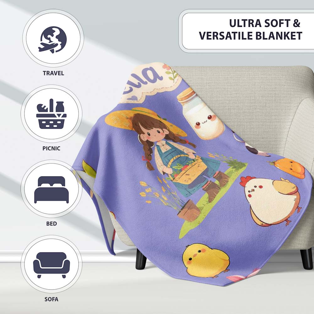 Cute Farm Girl Pig Cow Chicken Corn Milk Purple Background Seamless  Personalised Custom Name Super Soft Fleece Blanket Bed Sofa Throw