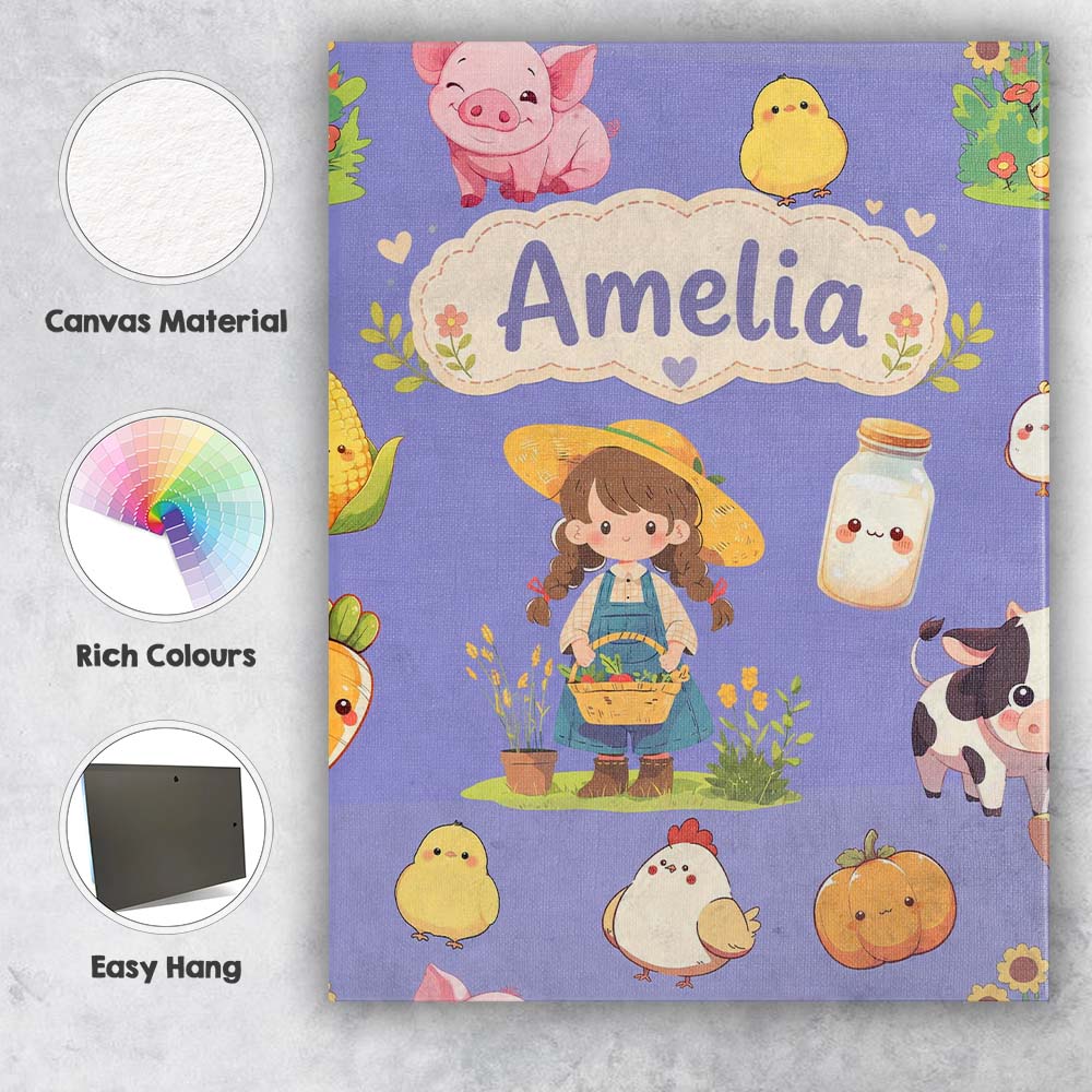 Personalised Name Cute Farm Girl Pig Cow Custom  Unique Gift Idea Elegant Feature Canvas Wall Art Print Decor Picture Ready to Hang
