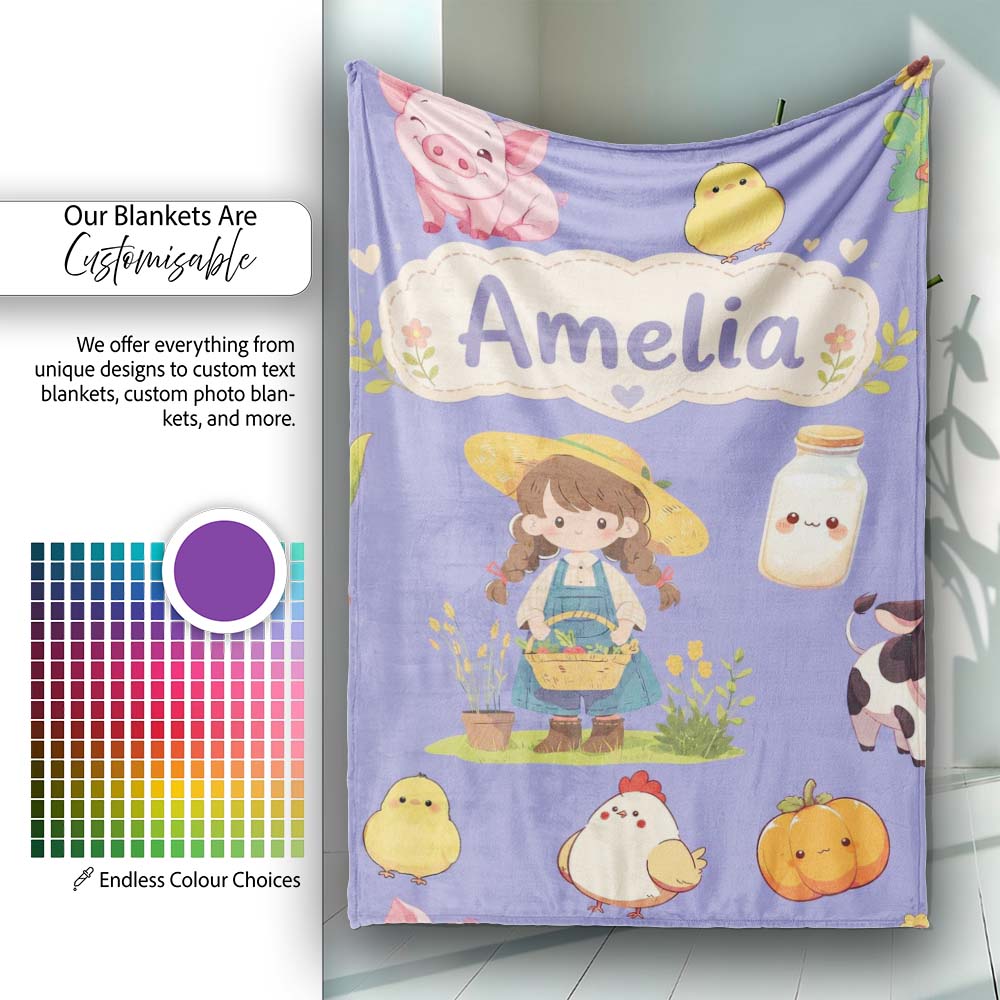 Cute Farm Girl Pig Cow Chicken Corn Milk Purple Background Seamless  Personalised Custom Name Super Soft Fleece Blanket Bed Sofa Throw