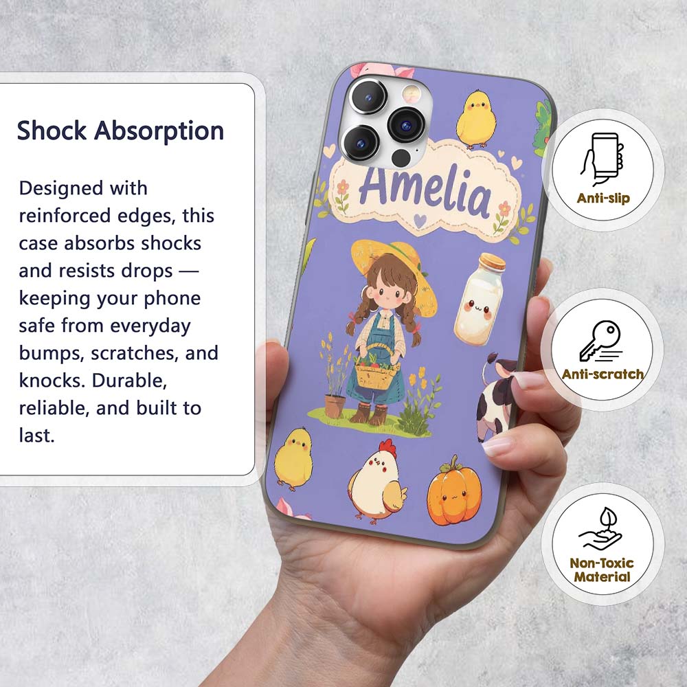 Cute Farm Girl Pig Cow Chicken Corn Milk Purple Custom Name Protective Phone Case Mobile Cover Durable Everyday Smartphone Shock Resistant