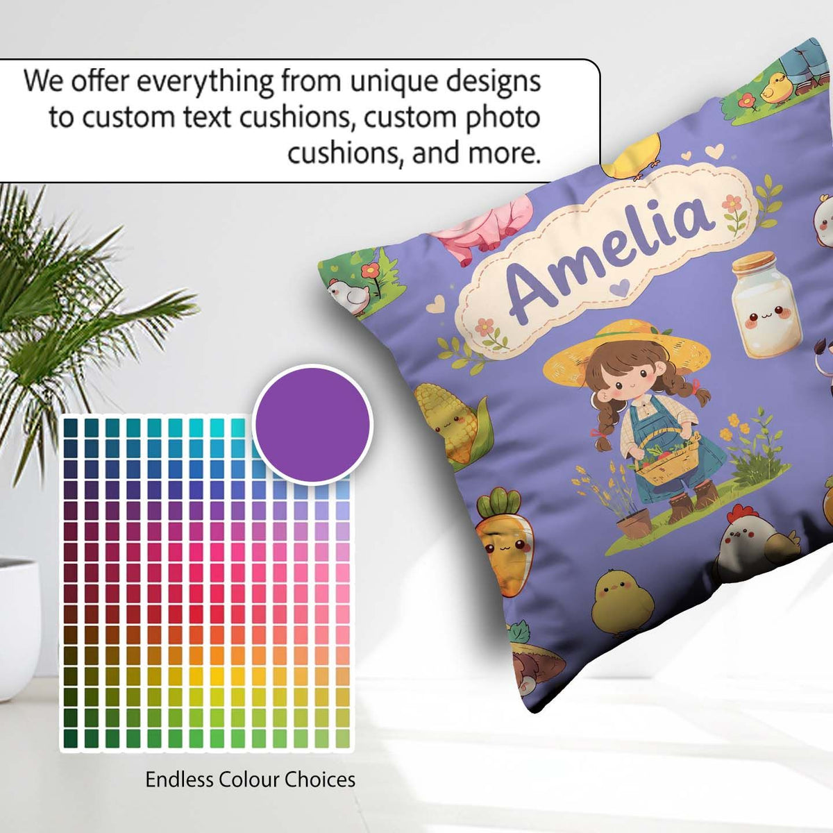 Custom Name Farm Girl Pig Cow Chicken Corn Milk Purple Seamless Square Filled Cushion Throw Pillow Sofa Bed Home Decor Zip Washable UK Made