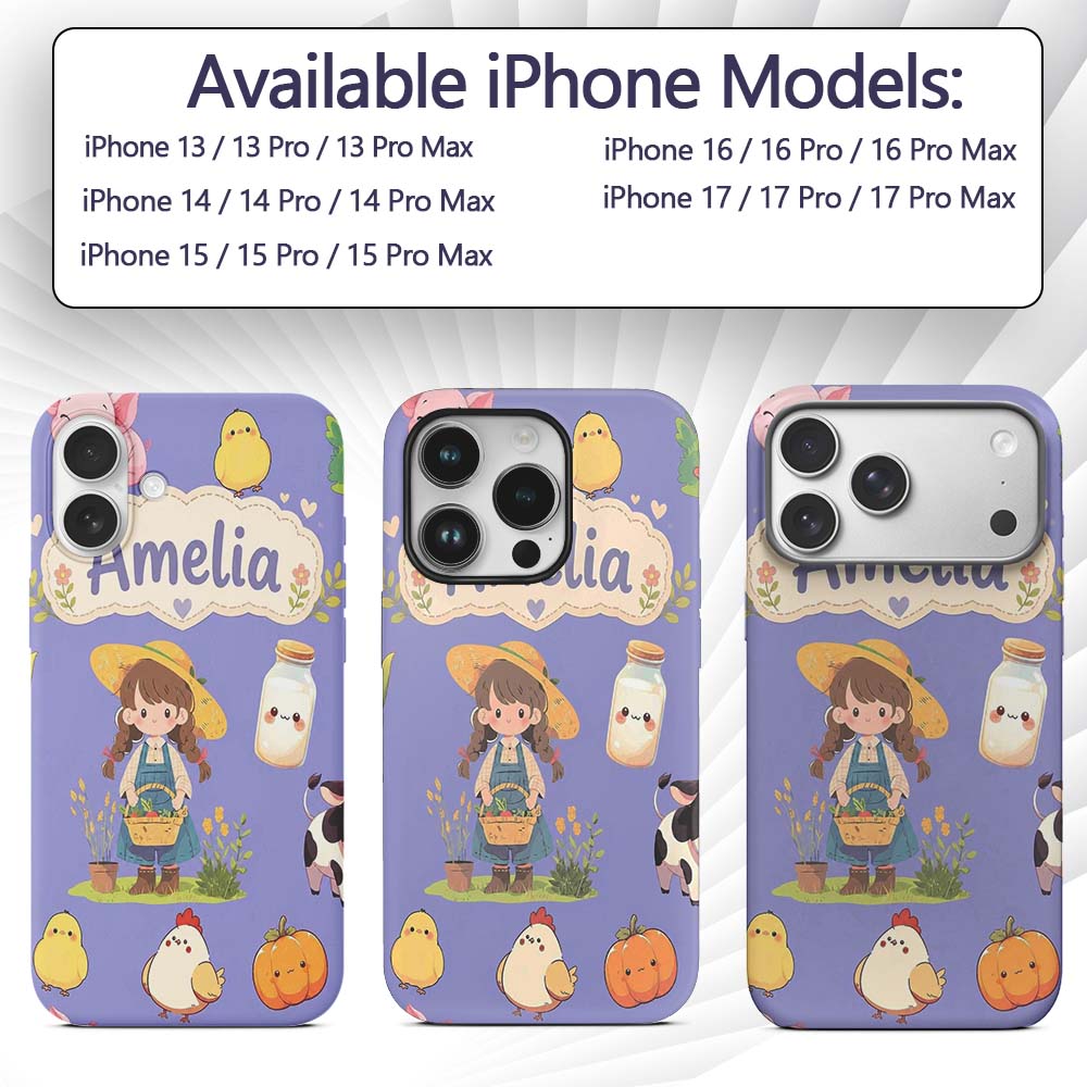 Cute Farm Girl Pig Cow Chicken Corn Milk Purple Custom Name Protective Phone Case Mobile Cover Durable Everyday Smartphone Shock Resistant