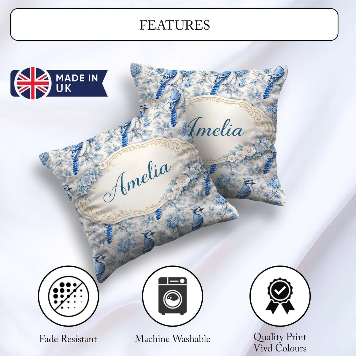 Custom Name Blue Jay Bird Floral Detailed Botanical Illustration Square Filled Cushion Throw Pillow Sofa Bed Home Decor Zip Washable UK Made