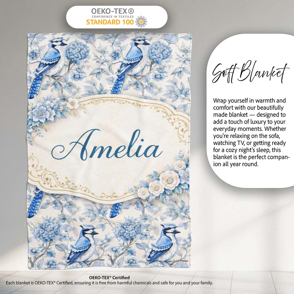 Blue Jay Bird Floral Garden Detailed Botanical Illustration Design  Personalised Custom Name Super Soft Fleece Blanket Bed Sofa Throw