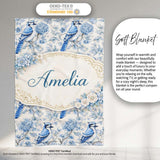 Blue Jay Bird Floral Garden Detailed Botanical Illustration Design  Personalised Custom Name Super Soft Fleece Blanket Bed Sofa Throw