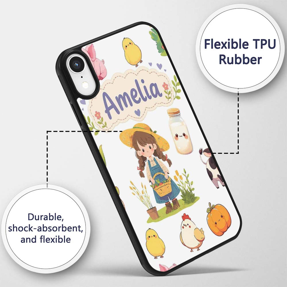 Cute Farm Girl Pig Cow Chicken Corn Milk White Custom Name Protective Phone Case Mobile Cover Durable Everyday Smartphone Shock Resistant
