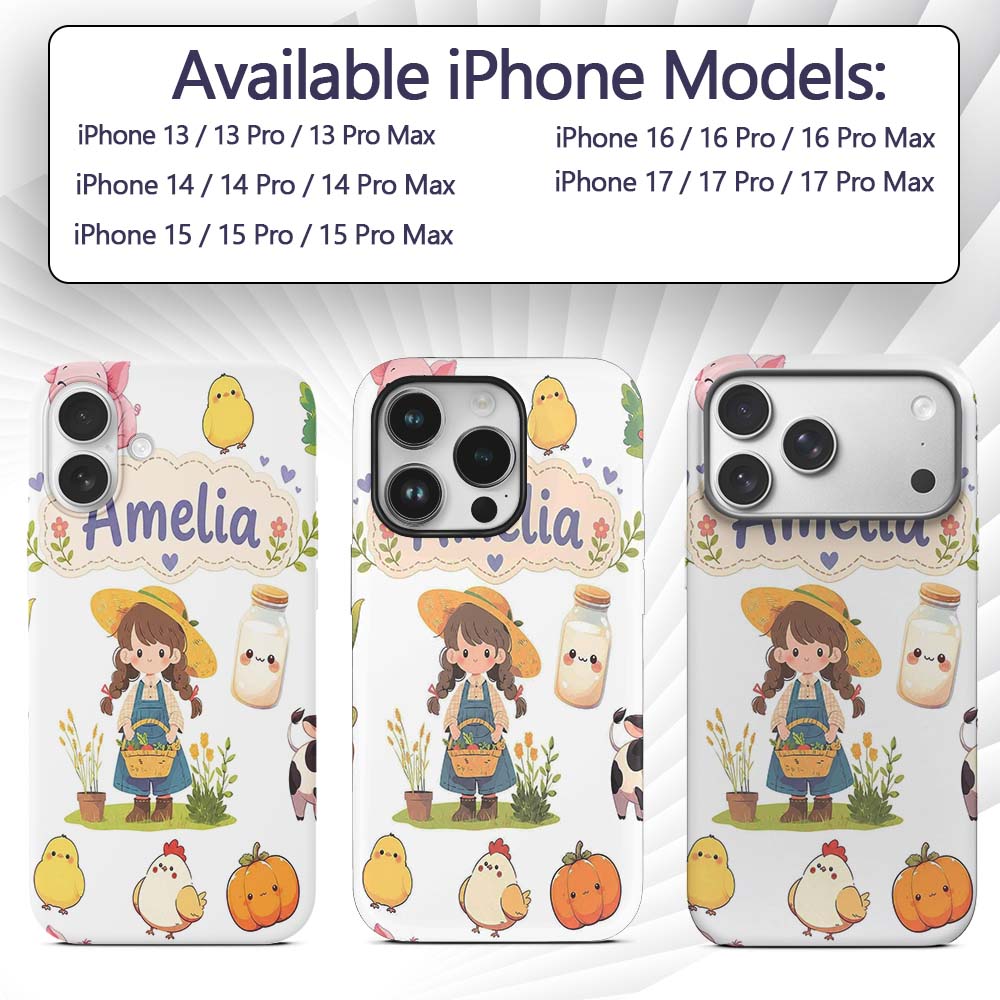 Cute Farm Girl Pig Cow Chicken Corn Milk White Custom Name Protective Phone Case Mobile Cover Durable Everyday Smartphone Shock Resistant