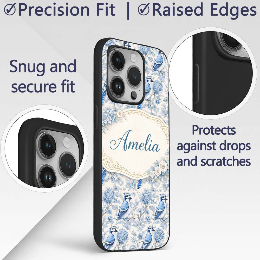 Blue Jay Bird Floral Garden Detailed Botanical Custom Name Protective Phone Case Mobile Cover Durable Everyday Smartphone Shock Resistant