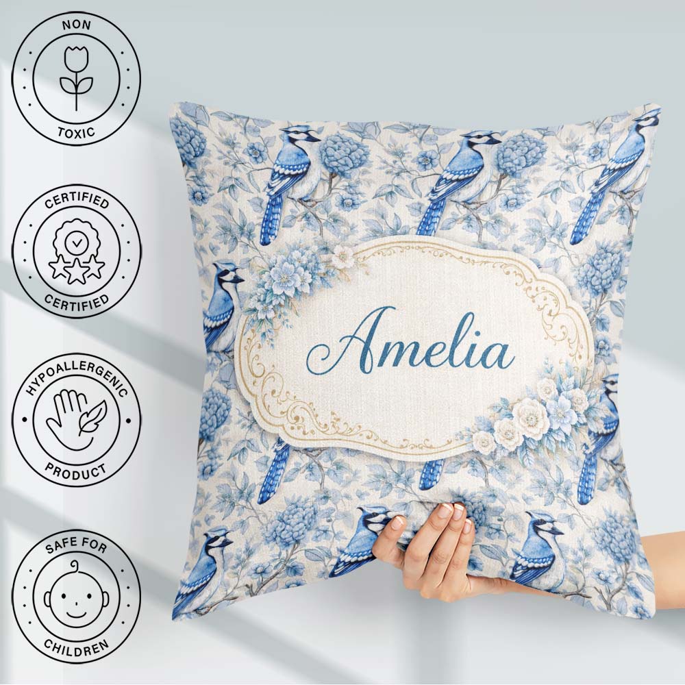 Custom Name Blue Jay Bird Floral Detailed Botanical Illustration Square Filled Cushion Throw Pillow Sofa Bed Home Decor Zip Washable UK Made