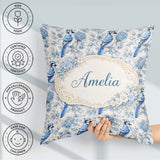Custom Name Blue Jay Bird Floral Detailed Botanical Illustration Square Filled Cushion Throw Pillow Sofa Bed Home Decor Zip Washable UK Made