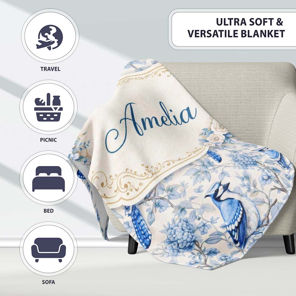 Blue Jay Bird Floral Garden Detailed Botanical Illustration Design  Personalised Custom Name Super Soft Fleece Blanket Bed Sofa Throw