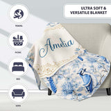 Blue Jay Bird Floral Garden Detailed Botanical Illustration Design  Personalised Custom Name Super Soft Fleece Blanket Bed Sofa Throw