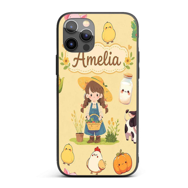 Cute Farm Girl Pig Cow Chicken Corn Milk Yellow Custom Name Protective Phone Case Mobile Cover Durable Everyday Smartphone Shock Resistant