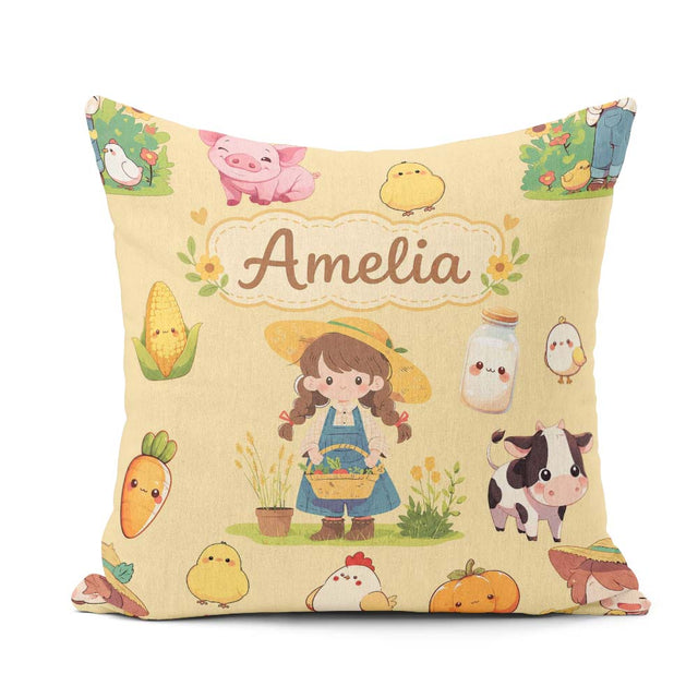 Custom Name Farm Girl Pig Cow Chicken Corn Milk Yellow Seamless Square Filled Cushion Throw Pillow Sofa Bed Home Decor Zip Washable UK Made