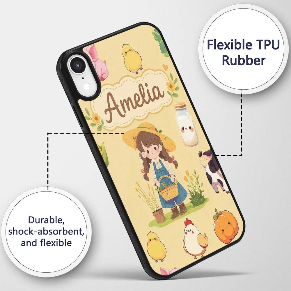 Cute Farm Girl Pig Cow Chicken Corn Milk Yellow Custom Name Protective Phone Case Mobile Cover Durable Everyday Smartphone Shock Resistant