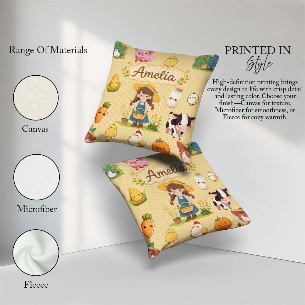 Custom Name Farm Girl Pig Cow Chicken Corn Milk Yellow Seamless Square Filled Cushion Throw Pillow Sofa Bed Home Decor Zip Washable UK Made
