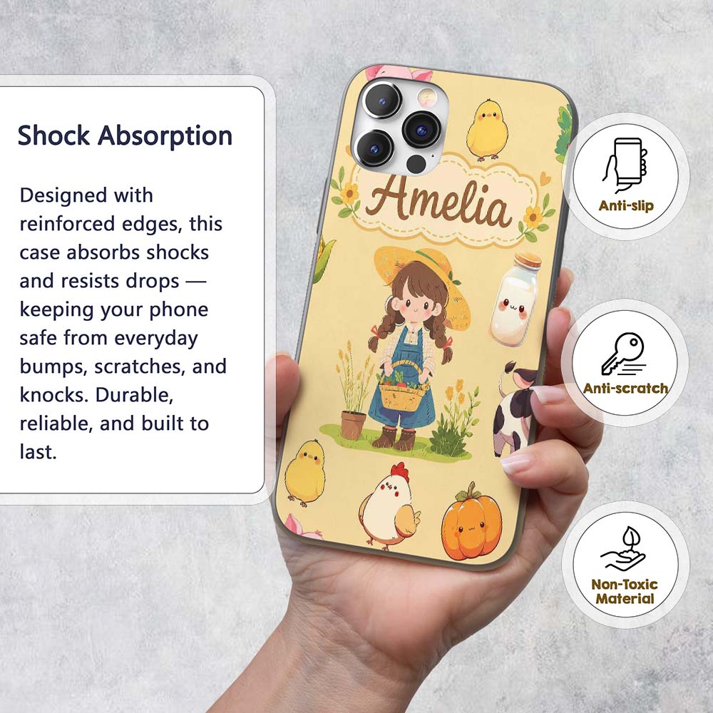 Cute Farm Girl Pig Cow Chicken Corn Milk Yellow Custom Name Protective Phone Case Mobile Cover Durable Everyday Smartphone Shock Resistant
