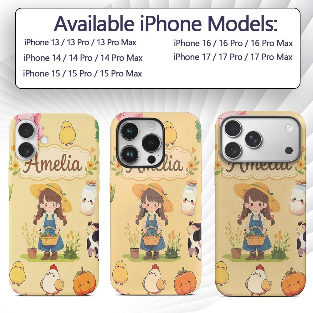 Cute Farm Girl Pig Cow Chicken Corn Milk Yellow Custom Name Protective Phone Case Mobile Cover Durable Everyday Smartphone Shock Resistant
