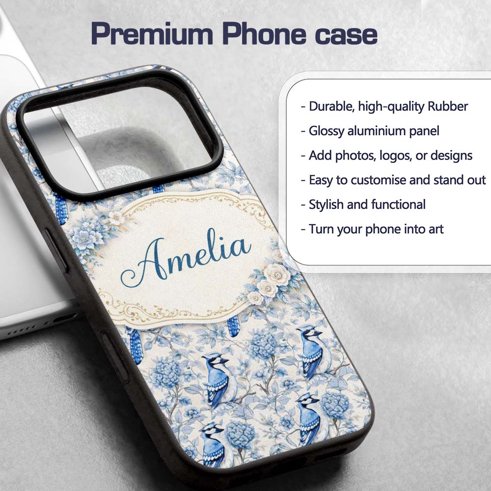 Blue Jay Bird Floral Garden Detailed Botanical Custom Name Protective Phone Case Mobile Cover Durable Everyday Smartphone Shock Resistant