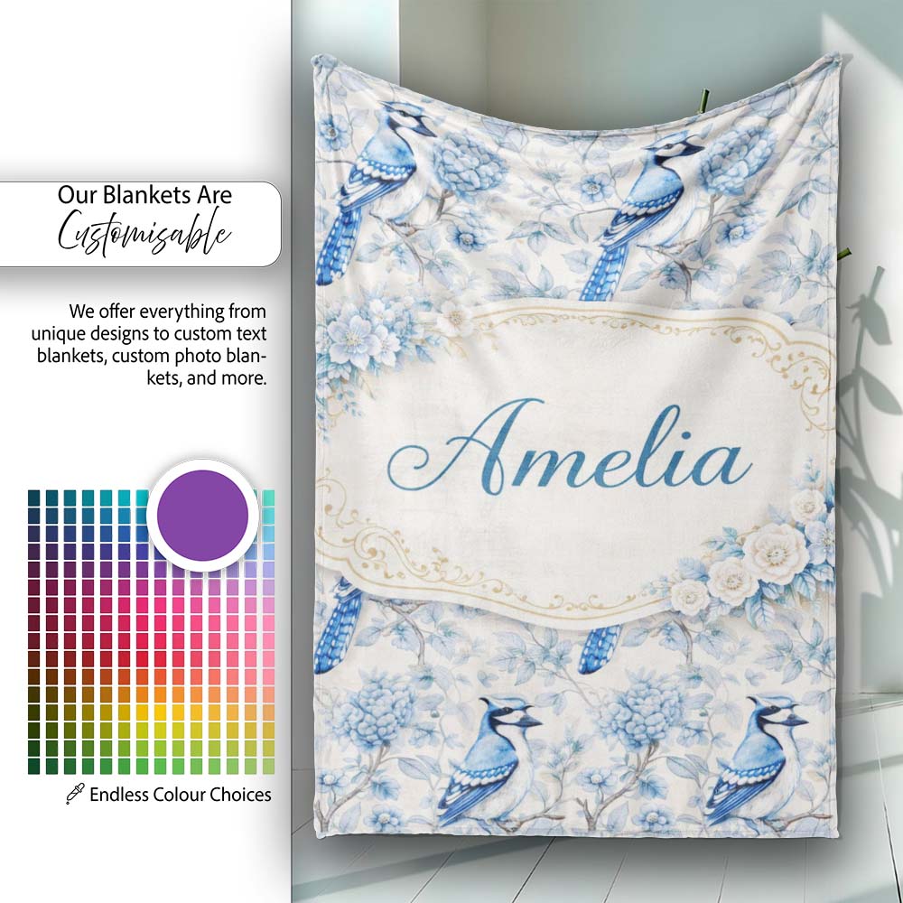 Blue Jay Bird Floral Garden Detailed Botanical Illustration Design  Personalised Custom Name Super Soft Fleece Blanket Bed Sofa Throw