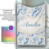 Blue Jay Bird Floral Garden Detailed Botanical Illustration Design  Personalised Custom Name Super Soft Fleece Blanket Bed Sofa Throw