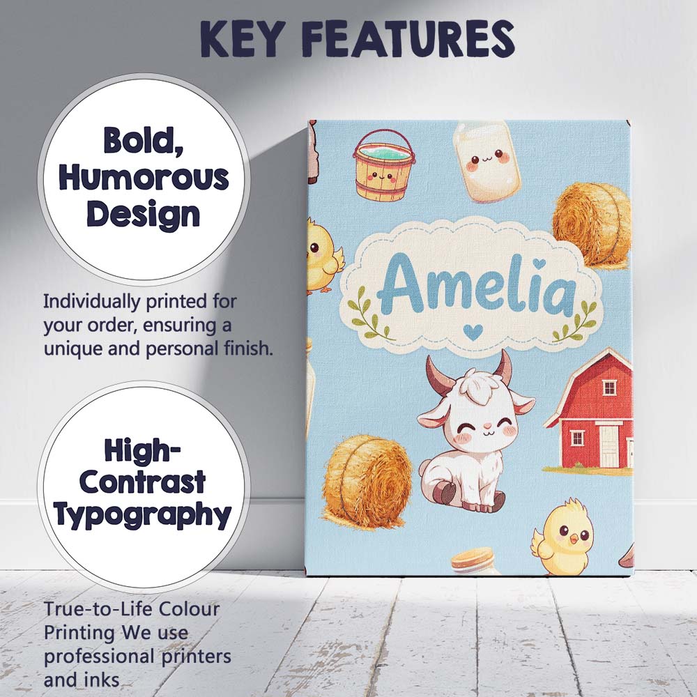 Personalised Name Cute Farm Goat Barn Hay Custom  Unique Gift Idea Elegant Feature Canvas Wall Art Print Decor Picture Ready to Hang