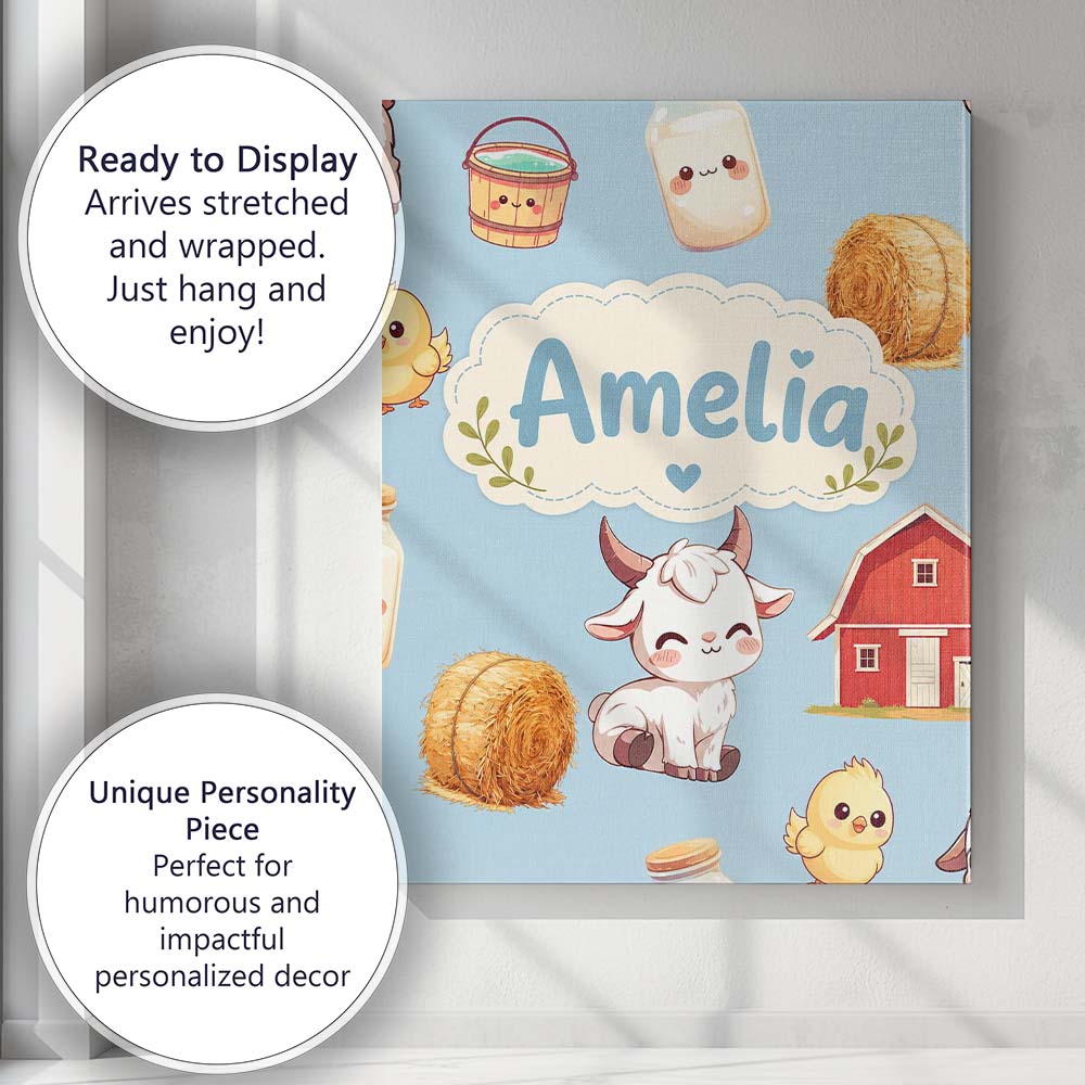 Personalised Name Cute Farm Goat Barn Hay Custom  Unique Gift Idea Elegant Feature Canvas Wall Art Print Decor Picture Ready to Hang