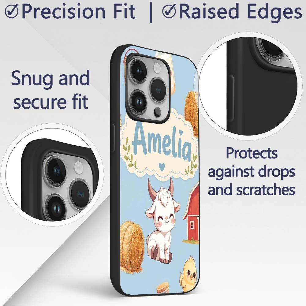 Cute Farm Goat Barn Hay Bale Chick Printed Design Custom Name Protective Phone Case Mobile Cover Durable Everyday Smartphone Shock Resistant
