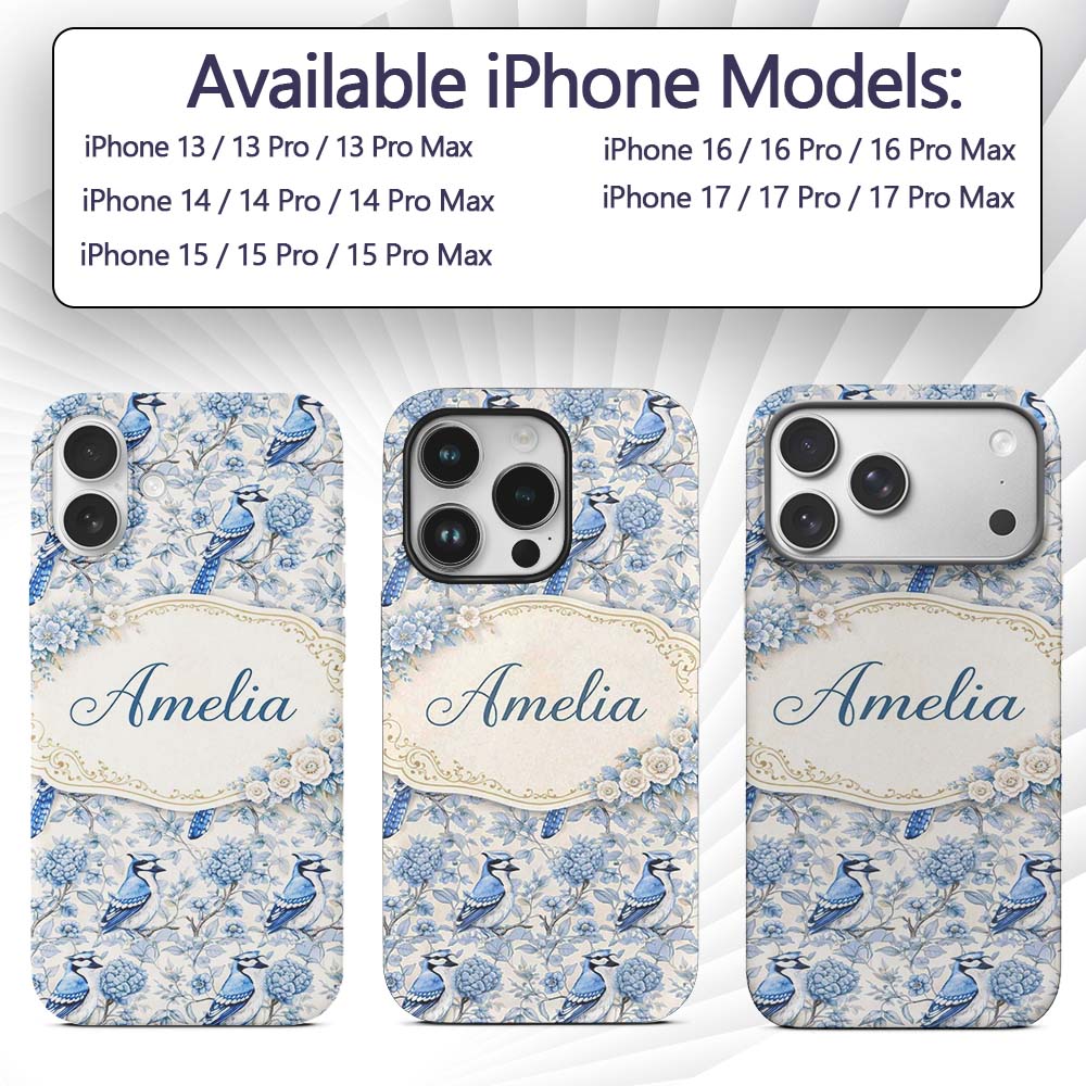 Blue Jay Bird Floral Garden Detailed Botanical Custom Name Protective Phone Case Mobile Cover Durable Everyday Smartphone Shock Resistant