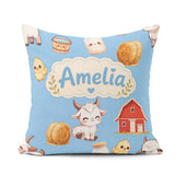 Custom Name Cute Farm Goat Barn Hay Bale Chick Sky Blue Seamless Square Filled Cushion Throw Pillow Sofa Bed Home Decor Zip Washable UK Made