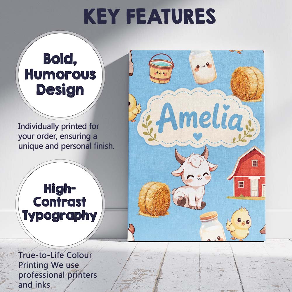 Personalised Name Cute Farm Goat Barn Hay Custom  Unique Gift Idea Elegant Feature Canvas Wall Art Print Decor Picture Ready to Hang