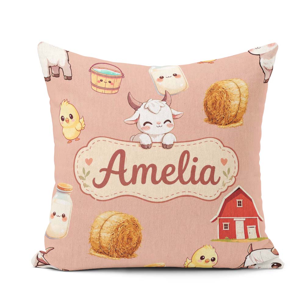Custom Name Farm Goat Barn Hay Bale Chick Peach Seamless Pattern Square Filled Cushion Throw Pillow Sofa Bed Home Decor Zip Washable UK Made