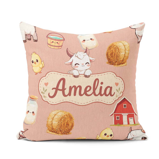 Custom Name Farm Goat Barn Hay Bale Chick Peach Seamless Pattern Square Filled Cushion Throw Pillow Sofa Bed Home Decor Zip Washable UK Made