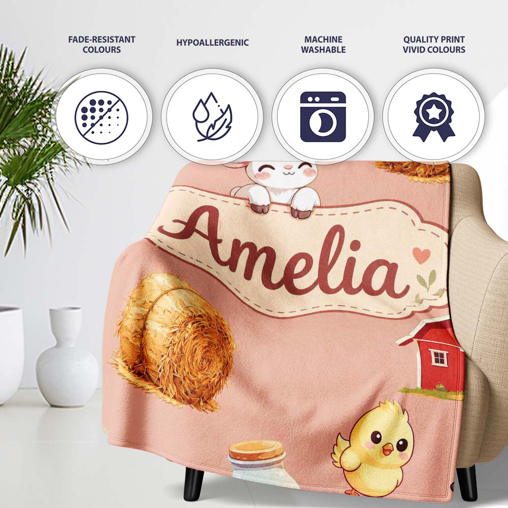 Cute Farm Goat Barn Hay Bale Chick Peach Background Seamless Pattern  Personalised Custom Name Super Soft Fleece Blanket Bed Sofa Throw