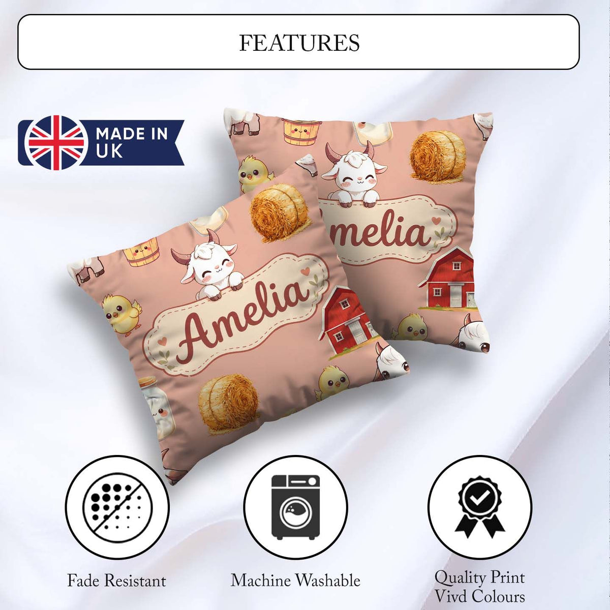 Custom Name Farm Goat Barn Hay Bale Chick Peach Seamless Pattern Square Filled Cushion Throw Pillow Sofa Bed Home Decor Zip Washable UK Made