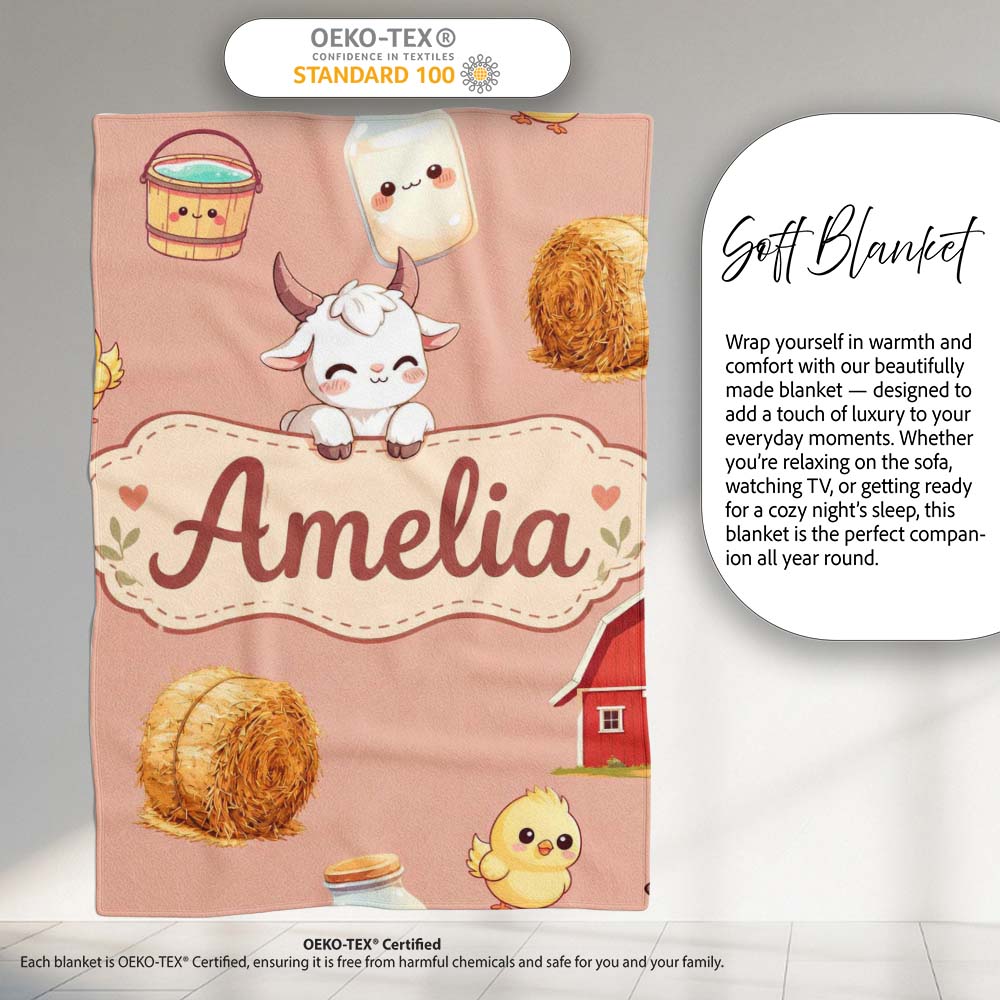 Cute Farm Goat Barn Hay Bale Chick Peach Background Seamless Pattern  Personalised Custom Name Super Soft Fleece Blanket Bed Sofa Throw