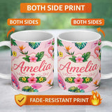 Personalized Custom Name Tropical Flamingo Bird with Exotic Flowers Leaves Blush Pink Lovely 11oz Ceramic Coffee Tea Mug White Large Handle