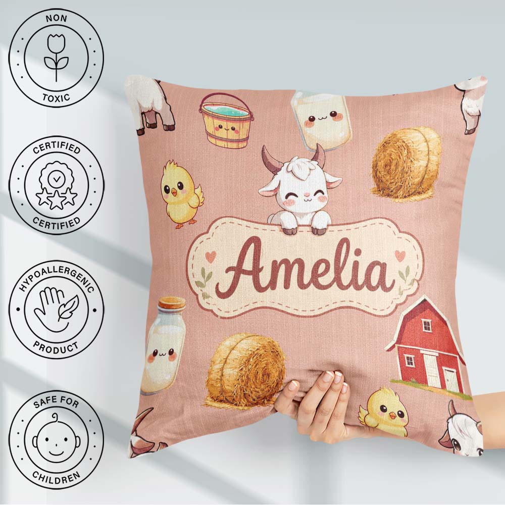 Custom Name Farm Goat Barn Hay Bale Chick Peach Seamless Pattern Square Filled Cushion Throw Pillow Sofa Bed Home Decor Zip Washable UK Made