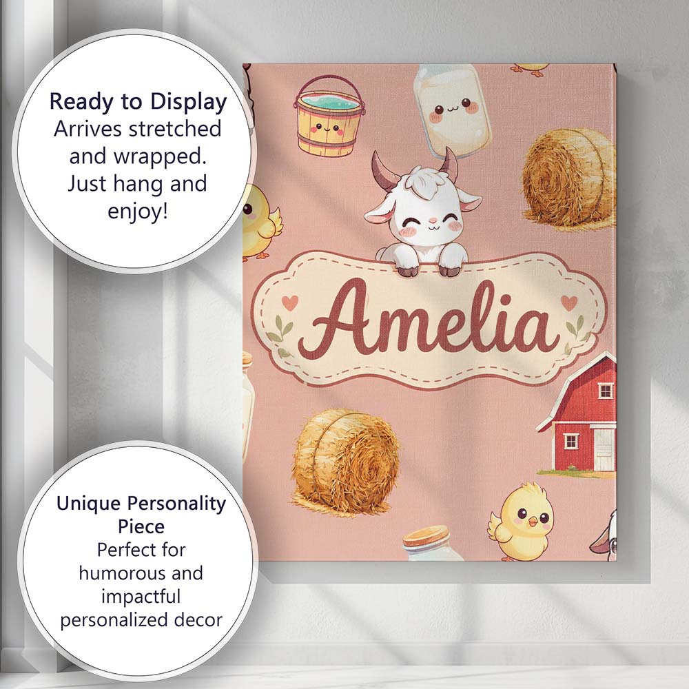 Personalised Name Cute Farm Goat Barn Hay Custom  Unique Gift Idea Elegant Feature Canvas Wall Art Print Decor Picture Ready to Hang