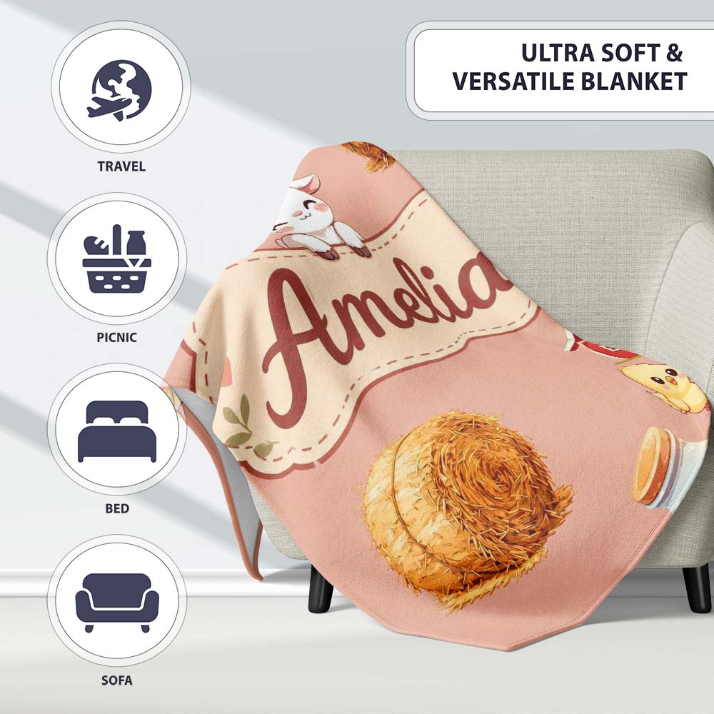 Cute Farm Goat Barn Hay Bale Chick Peach Background Seamless Pattern  Personalised Custom Name Super Soft Fleece Blanket Bed Sofa Throw
