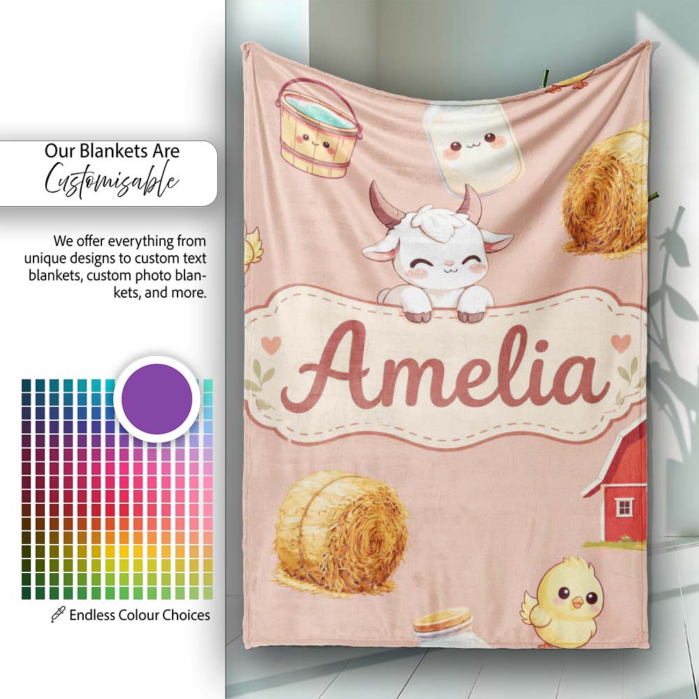 Cute Farm Goat Barn Hay Bale Chick Peach Background Seamless Pattern  Personalised Custom Name Super Soft Fleece Blanket Bed Sofa Throw