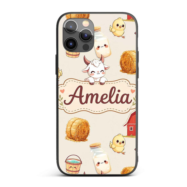 Cute Farm Goat Barn Hay Bale Chick Milk Bucket Custom Name Protective Phone Case Mobile Cover Durable Everyday Smartphone Shock Resistant