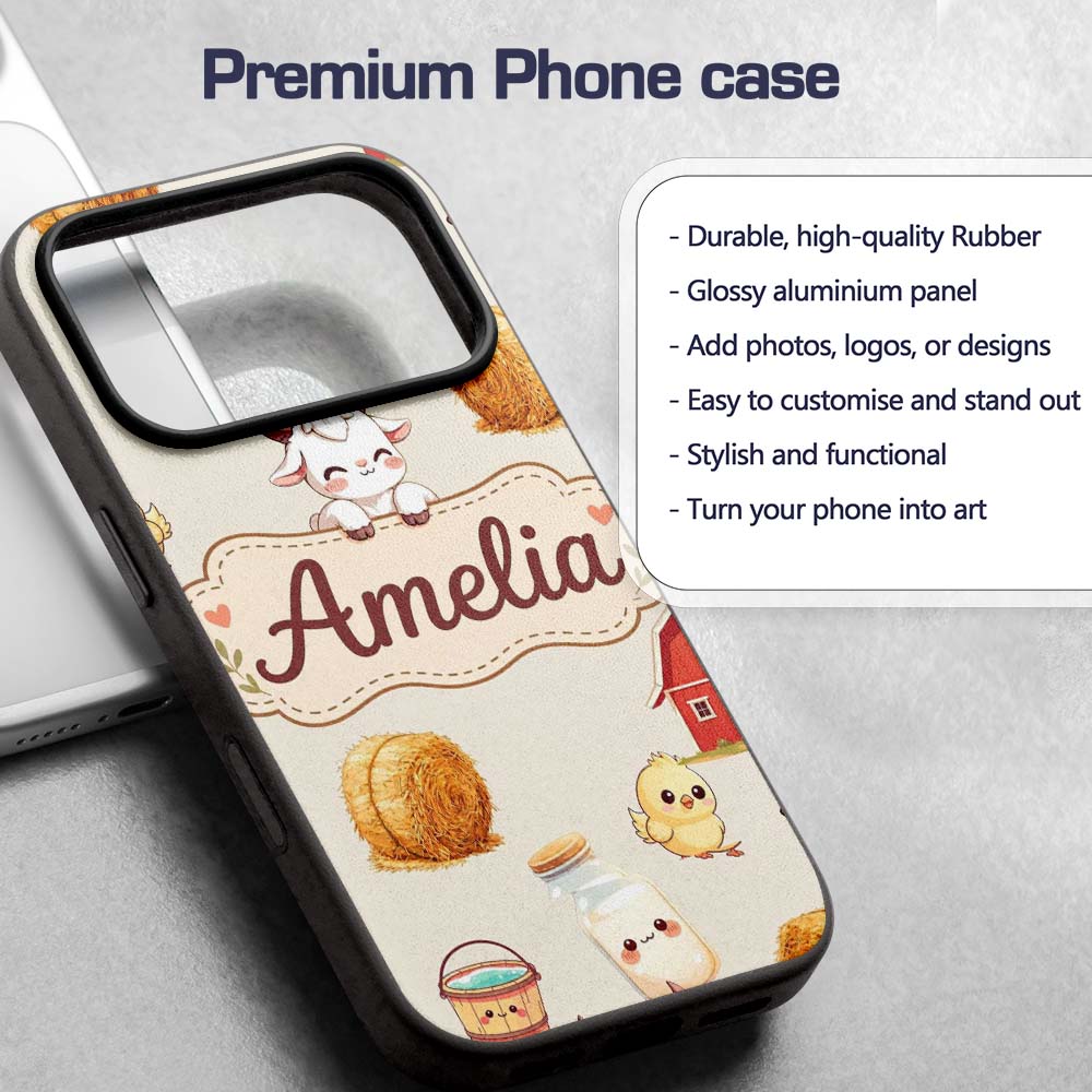 Cute Farm Goat Barn Hay Bale Chick Milk Bucket Custom Name Protective Phone Case Mobile Cover Durable Everyday Smartphone Shock Resistant