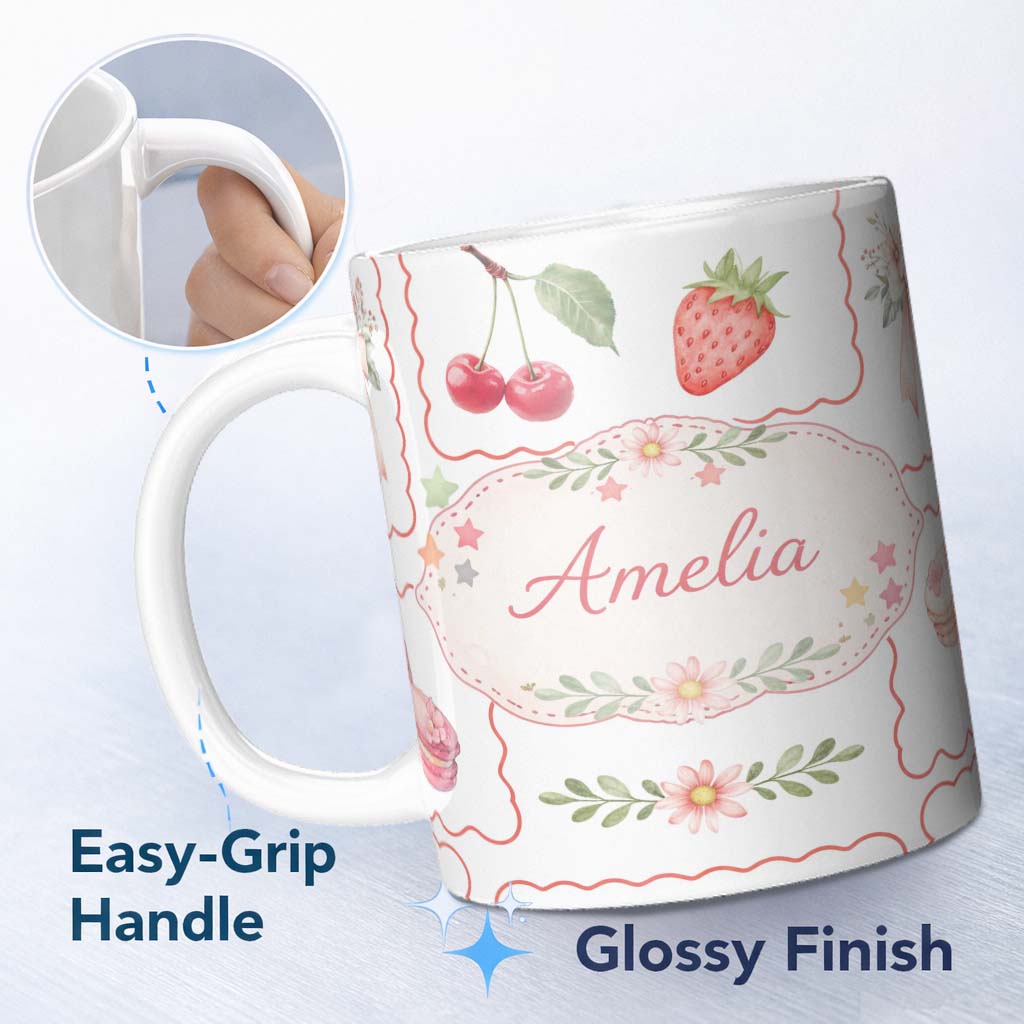 Personalized Custom Name Strawberry Cherry Bow Seamless Pattern Coral Frame Cute Coquette 11oz Ceramic Coffee Tea Mug White Large Handle